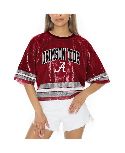 Gameday Couture Women's Crimson Alabama Crimson Tide Sequin Striped Cropped Fashion Jersey T-Shirt