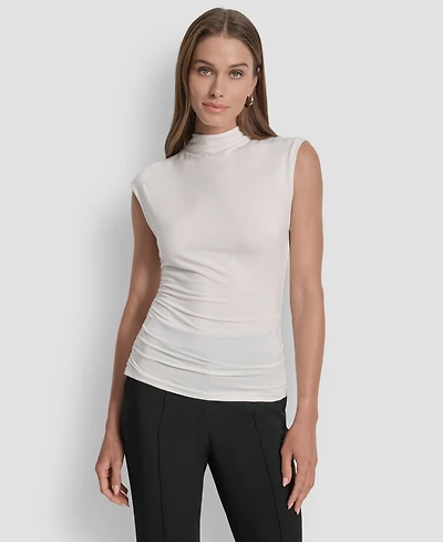Dkny Women's Mock-Neck Sleeveless Side-ruched Knit Top, Regular & Petite