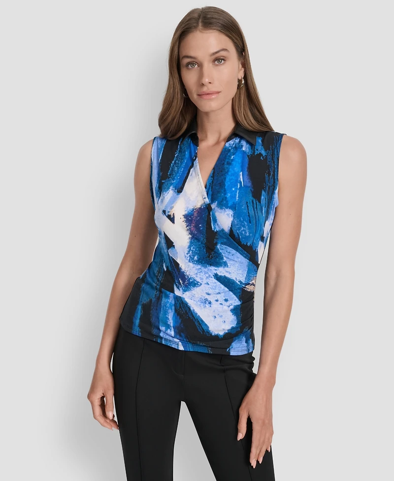 Dkny Women's Printed Contrast-Collar Surplice Top