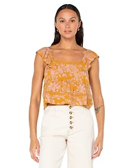 Roxy Juniors' Coastal Rays Seamed Flutter-Sleeve Cropped Top