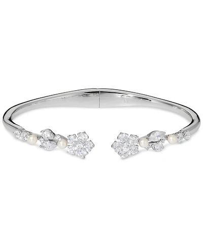 Eliot Danori Cubic Zirconia & Imitation Pearl Flower Cuff Bracelet, Exclusively at Macy's