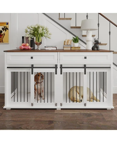 Streamdale Furniture 63" Double Dog Crate Furniture with Drawers & Divider