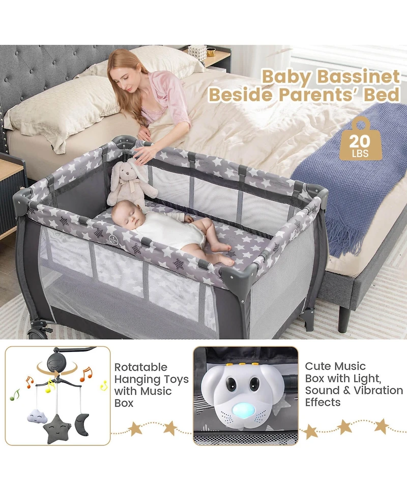 Costway Kids Portable Playard Nursery Center Crib with Hanging Toys & Music Box Unisex 0-3 Years