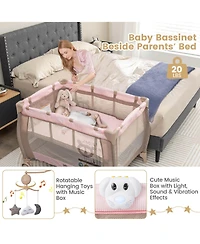 Costway Kids Portable Playard Nursery Center Crib with Hanging Toys & Music Box Unisex 0-3 Years