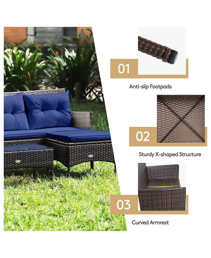Gymax Set of 3 3-Seat Sofa Cushioned Table Rattan Furniture Garden Patio