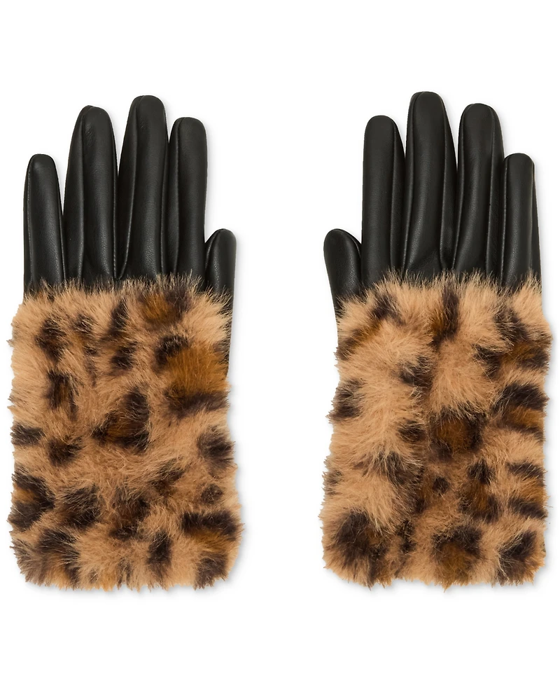 Steve Madden Printed Faux-Fur-Cuff Faux-Leather Gloves
