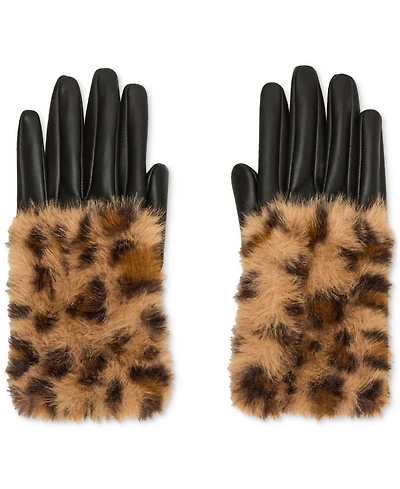Steve Madden Printed Faux-Fur-Cuff Faux-Leather Gloves