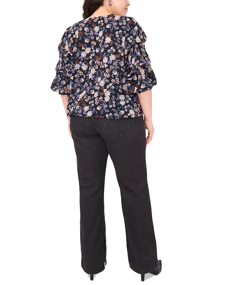 Vince Camuto Women's Plus Printed V-Neck Bubble Sleeve Top