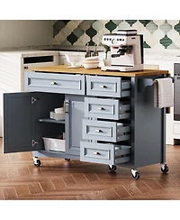 Casainc 52" Rolling Kitchen Island with Drop Leaf, Spice Rack, Towel 2 Doors, 5 Drawers, Adjustable Shelf (No Stools)