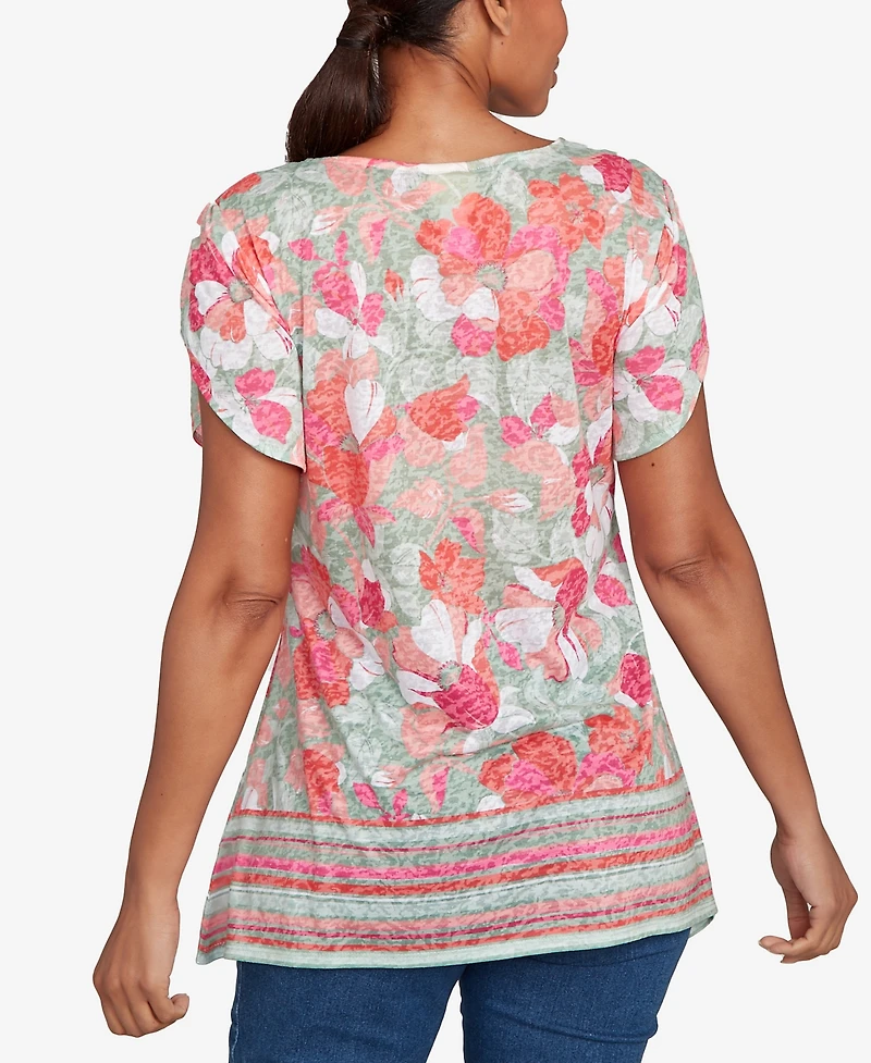 Ruby Rd. Petite Floral Striped Border Flutter Sleeve Top