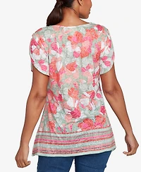 Ruby Rd. Petite Floral Striped Border Flutter Sleeve Top