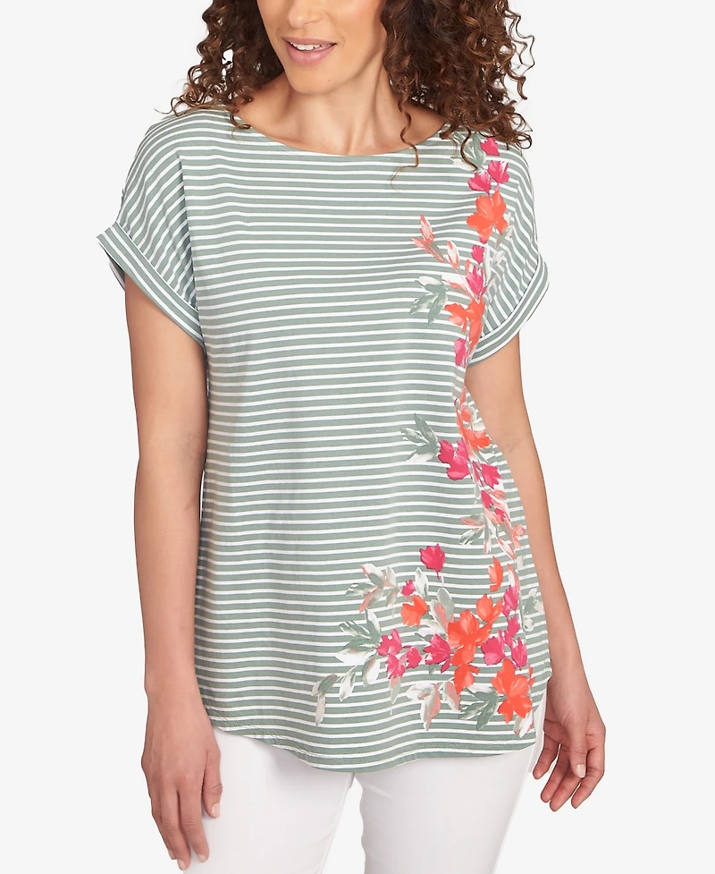 Ruby Rd. Petite Floral Stripe Jersey T-Shirt