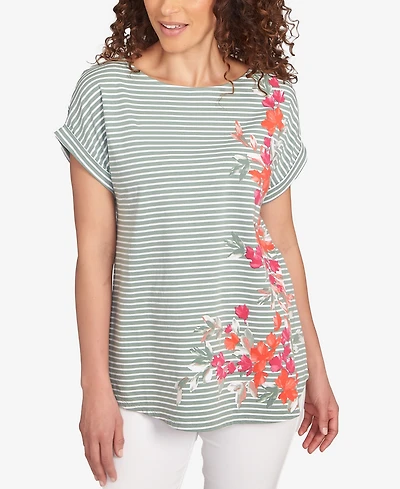 Ruby Rd. Petite Floral Stripe Jersey T-Shirt