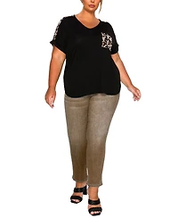 Coin 1804 Plus Leopard Print Mesh Pocket Shoulder Rolled Sleeve Top