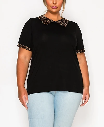 Coin 1804 Plus Size Pebble Mesh Collar Keyhole Back Short Sleeve Top