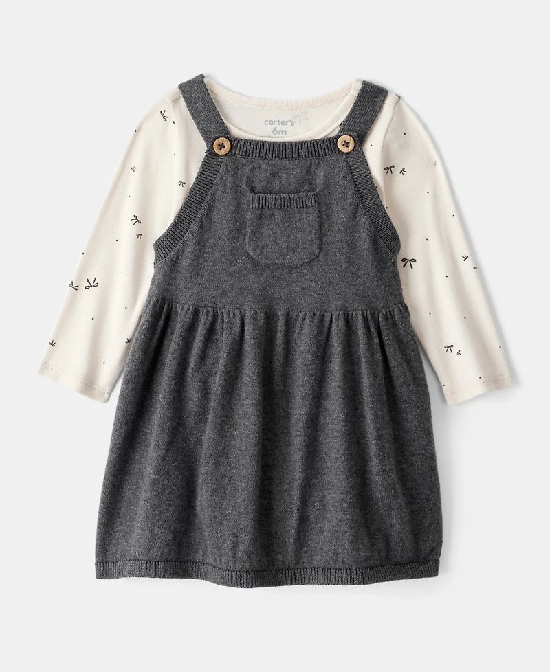 Carter's Baby Girls Cotton Bow-Print Long-Sleeve Bodysuit & Jumper Dress, 2 Piece Set