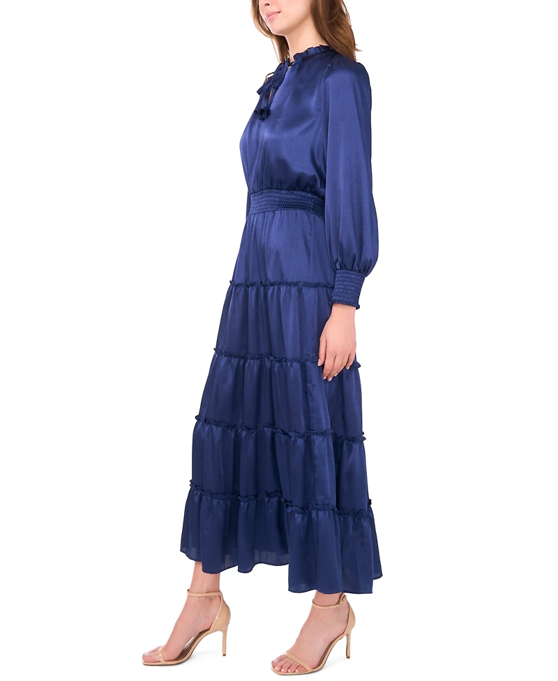 Msk Women's Long-Sleeve Tie-Neck Smocked-Waist Tiered Maxi Dress