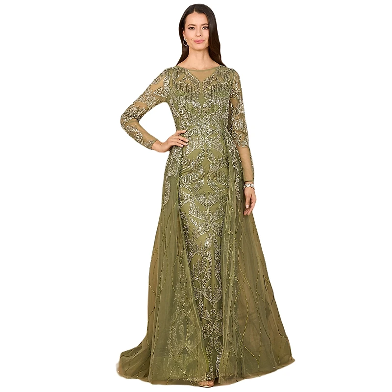 Lara Women's Long Sleeve Gown with Overskirt & High Neck