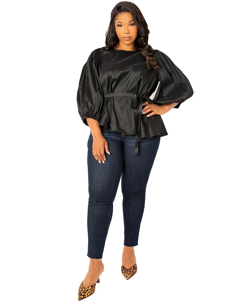 Buxom Couture Women's Tie Waist Voluminous Sleeve Blouse