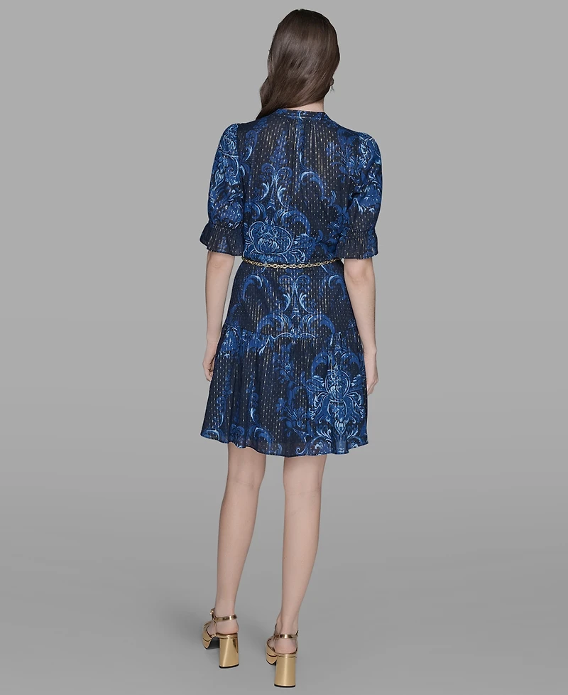 Karl Lagerfeld Paris Petite Printed Belted Fit & Flare Dress