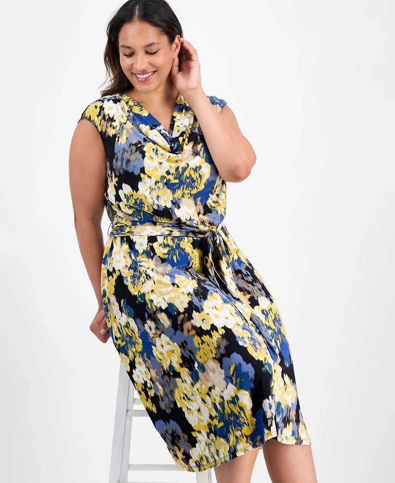 Kasper Plus Floral Print Cowlneck Dress