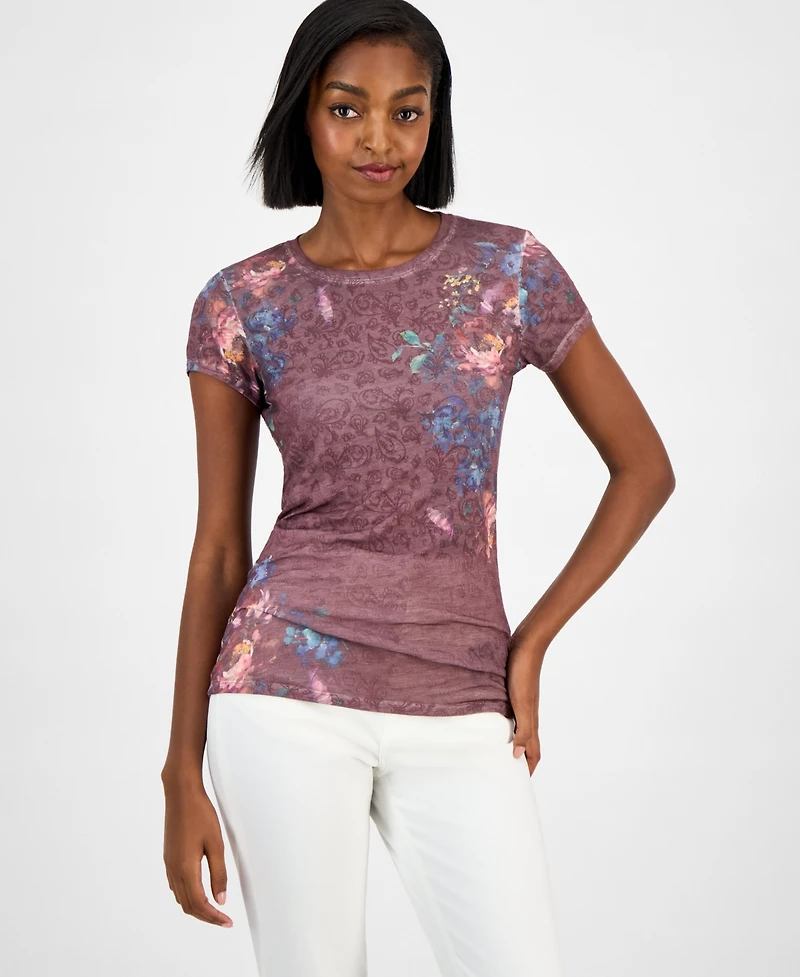 Guess Women's Peony-Print Round-Neck Burnout T-Shirt