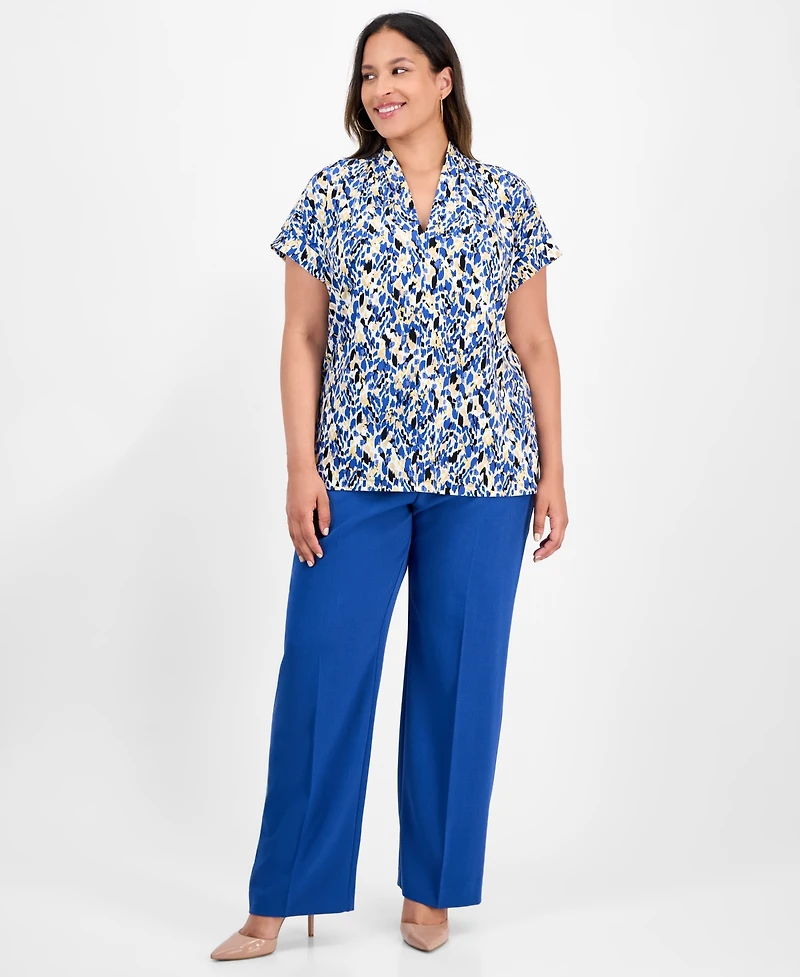 Kasper Plus Printed V-Neck Short-Sleeve Top
