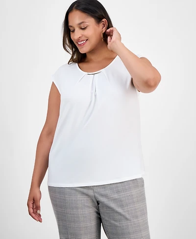 Kasper Plus Pleat-Neck Cap-Sleeve Blouse