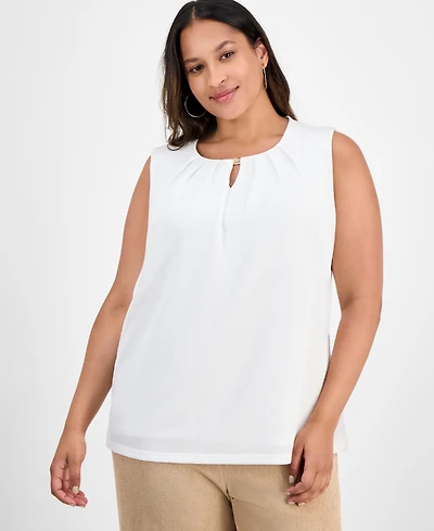 Kasper Plus Pleated-Neck Textured Top
