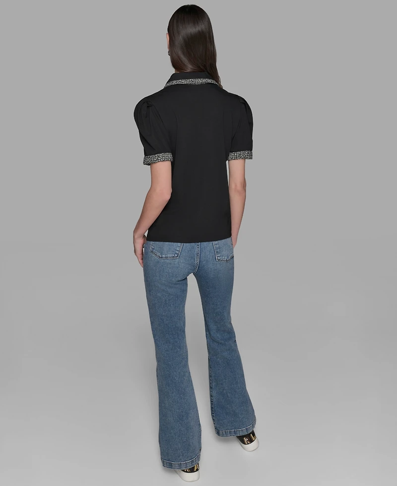 Karl Lagerfeld Paris Petite Tweed-Trim Knit Top