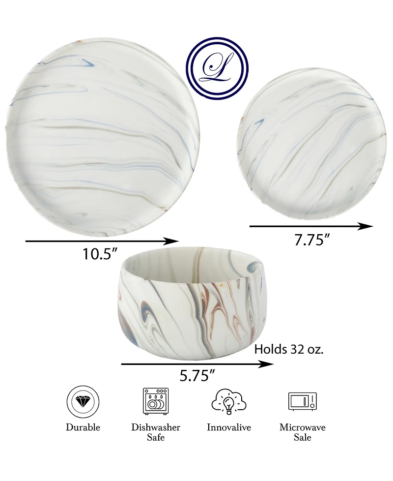 Lorren Home Trends Matte Marble Look 12-Pc. Dinnerware Set, Service for 4