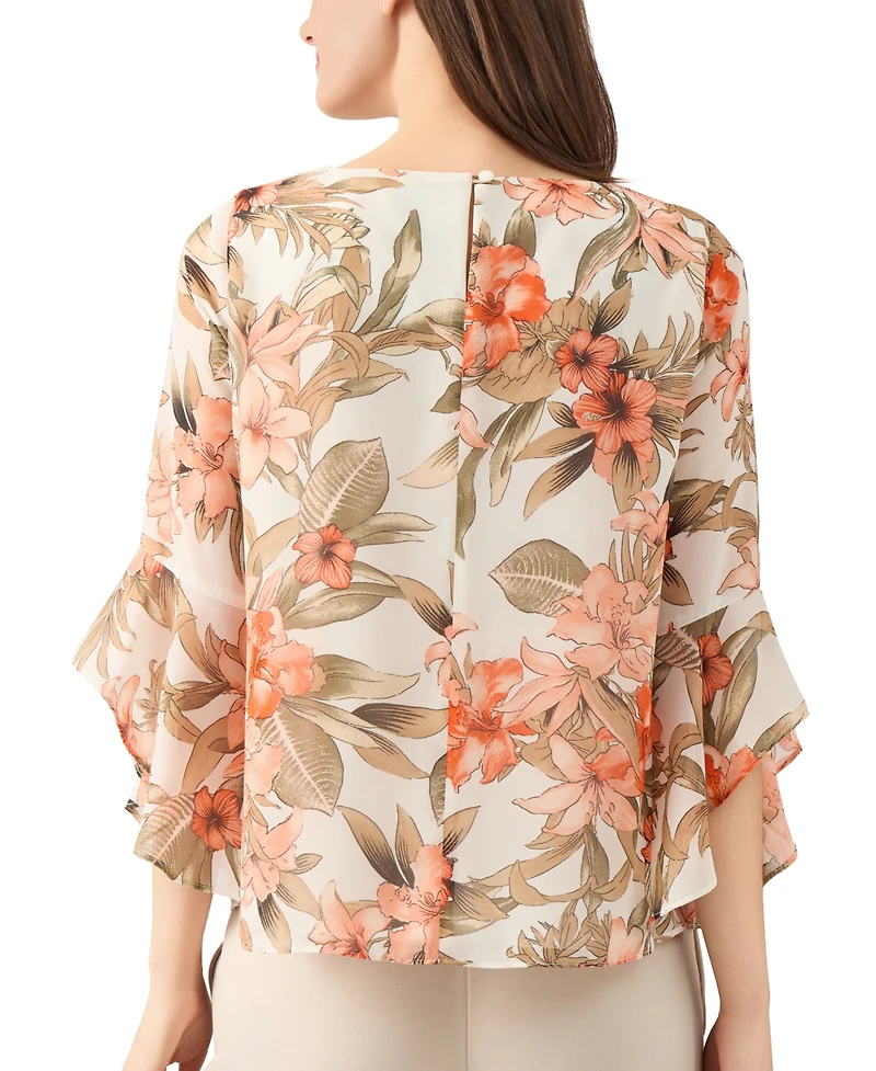 Kasper Women's Floral Boat-Neck Ruffle-Sleeve Blouse, Regular & Petite Sizes