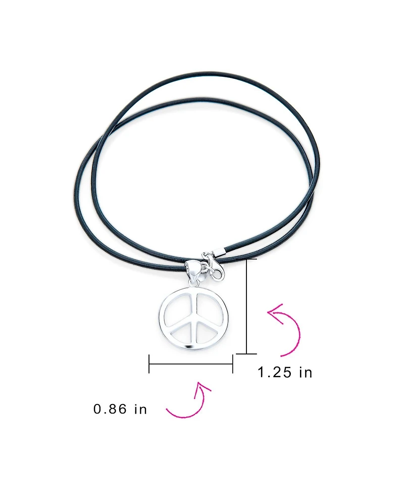 Bling Jewelry Peace Sign Pendant Necklace Black Leather Cord Sterling Silver 18"