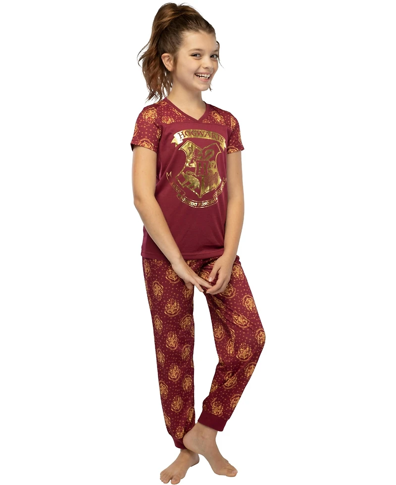 Harry Potter Short Sleeve Hogwarts Girls' 2-Piece Athletic Jogger Pant Kids Pajama Set