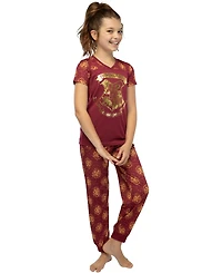 Harry Potter Short Sleeve Hogwarts Girls' 2-Piece Athletic Jogger Pant Kids Pajama Set
