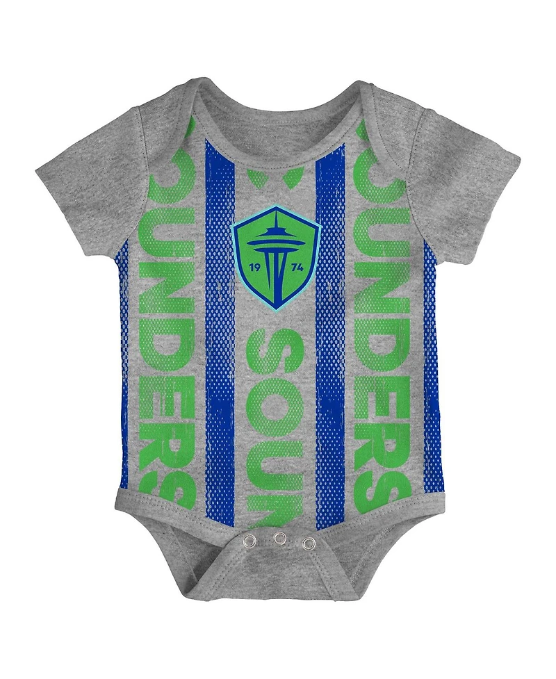 Outerstuff Newborn 3-Pack Green/Heather Gray/Blue Seattle Sounders Fc Loyal Buddies Bodysuit Set