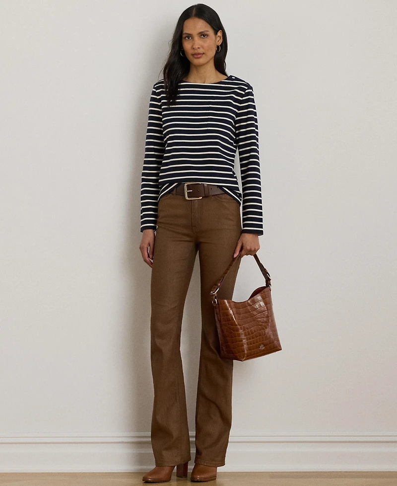 Lauren Ralph Women's Striped Jersey Snap-Trim Boatneck Top