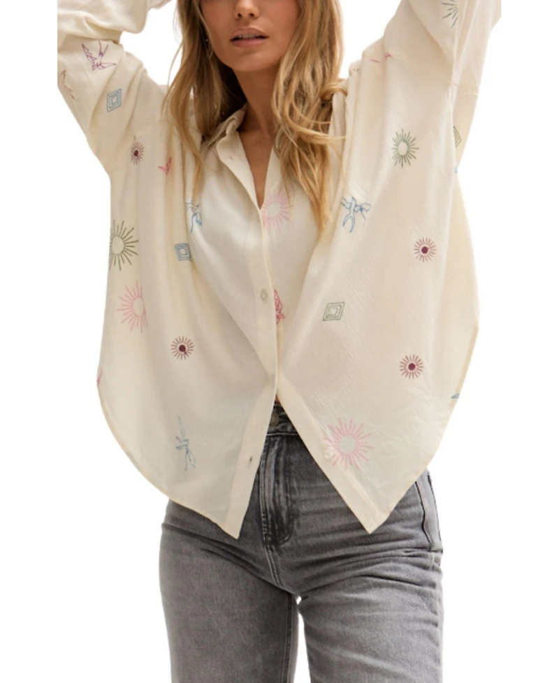 Lily and Lionel London Women's Swallow Crinkle Embroidered Shirt