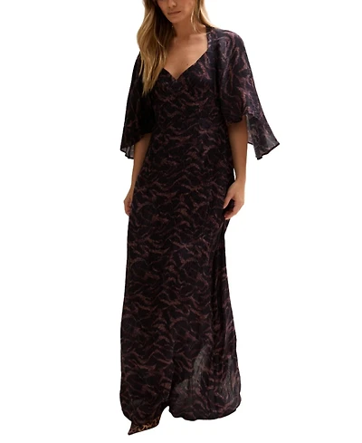 Lily and Lionel London Women's Lydia Angel Sleeve Midnight Tiger Print Maxi Dress