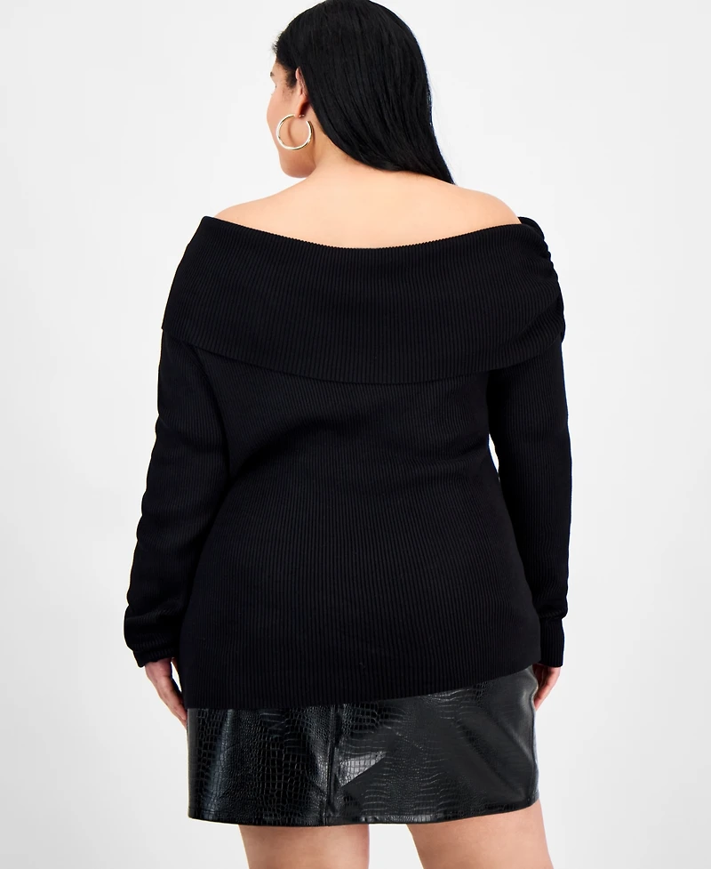 Bar Iii Trendy Plus Off-The-Shoulder Ribbed Sweater, Macy's Exclusive