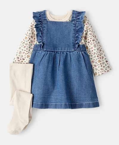 Carter's Baby Girls Floral-Print Top, Denim Jumper & Footed Tights, 3 Piece Set