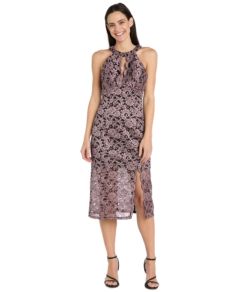 R & M Richards Women's Lace Two-Tone Halter Midi Dress