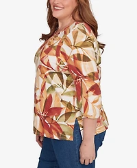 Alfred Dunner Plus Leaf Pleated Crew Neck Top