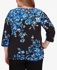 Alfred Dunner Plus Floral Asymmetric Three Quarter Sleeve Top