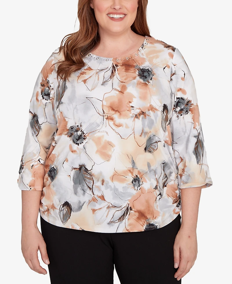 Alfred Dunner Plus Watercolor Floral Gathered Sides Crew Neck Top