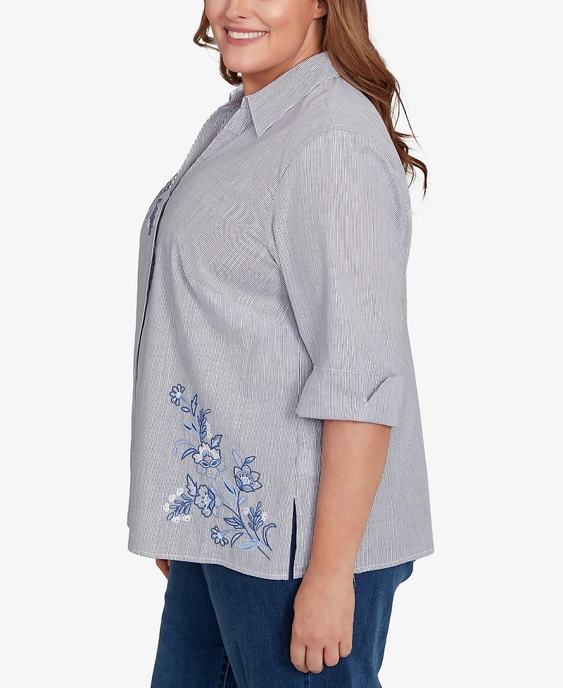 Alfred Dunner Plus Classic Diagonal Floral Metallic Stripe Button Front Top