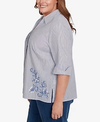 Alfred Dunner Plus Classic Diagonal Floral Metallic Stripe Button Front Top