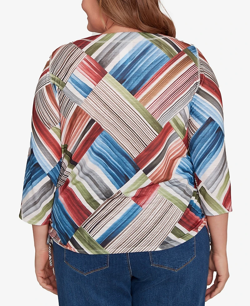 Alfred Dunner Plus Classic Stripe Patchwork Ruched Sides Top