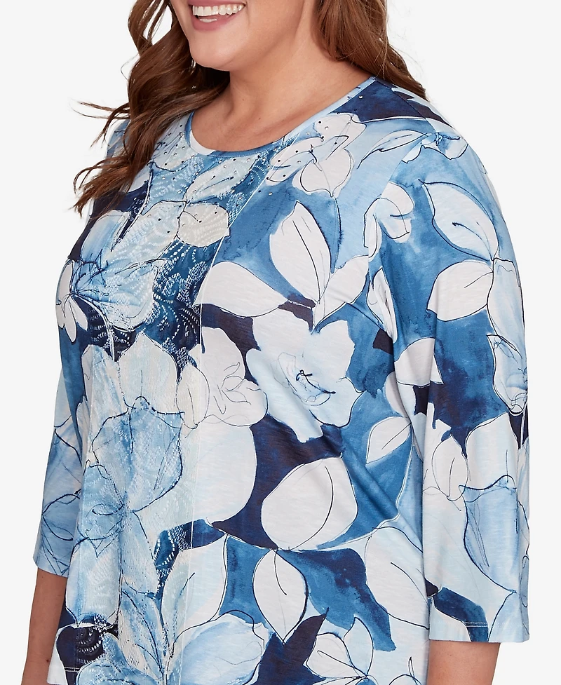 Alfred Dunner Plus Classic Monotone Floral Embellished Top
