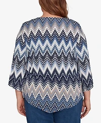 Alfred Dunner Plus Classic Puff Print Textured Chevron Crew Neck Top